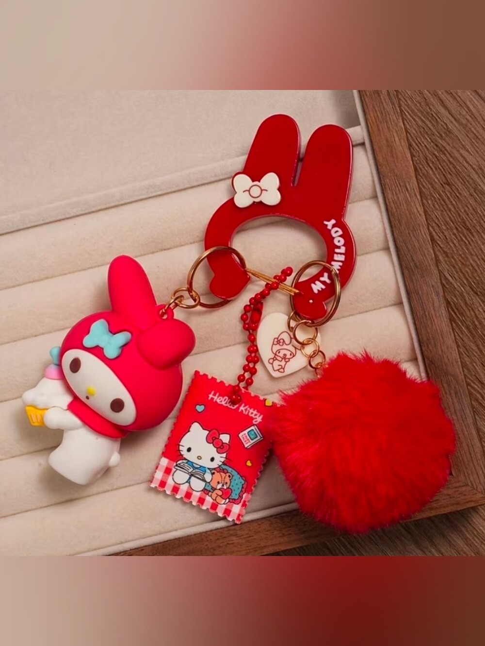 Hello Kitty & My Melody Red Keychain Bag Charm Set